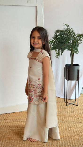 Ivory Bloom Embroidered Kurta & Skirt Plazo with Dupatta