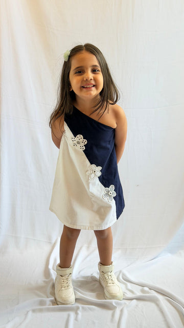 Navy & White One Shoulder Dress