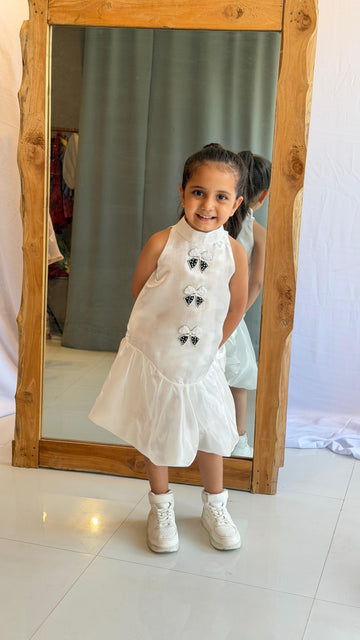 White Bow Embellished Party Dress
