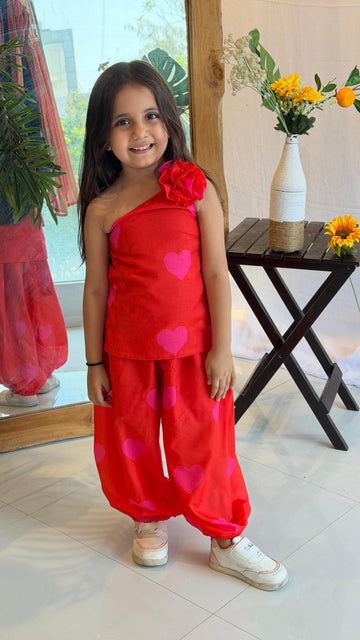 Red Heart Print One shoulder Co-ord